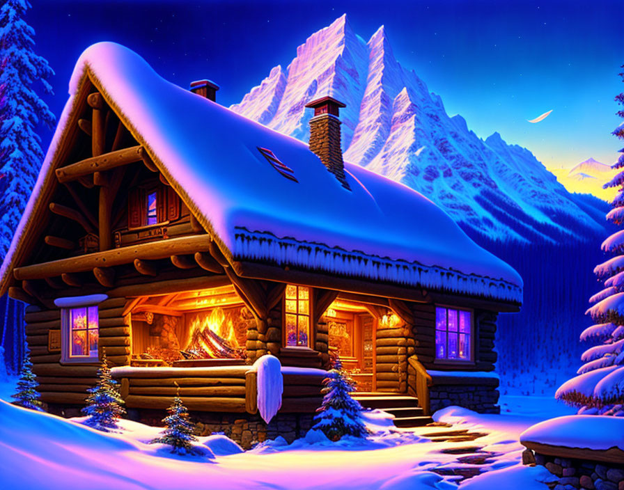 Snow-covered wooden cabin with glowing fireplace and mountain backdrop at night