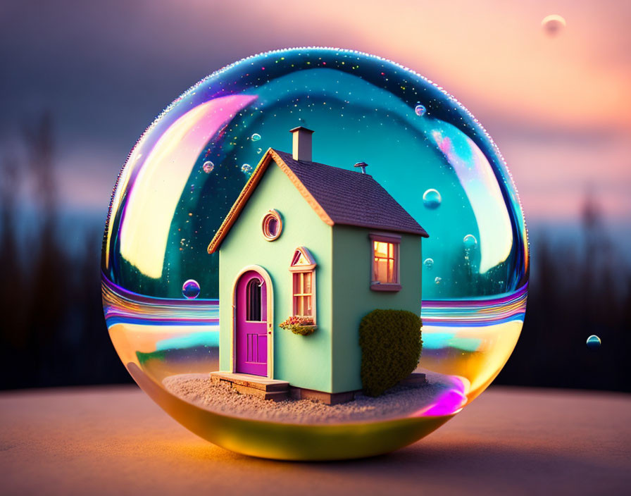 Illustration of colorful house in iridescent bubble at dusk