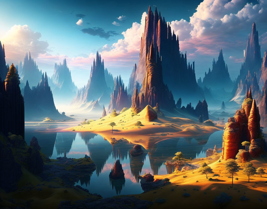 Fantastical landscape with towering spires, reflective waters, and serene sky