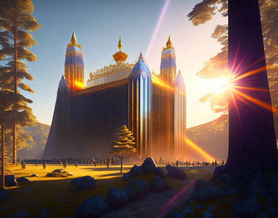 Majestic fantasy castle at sunset in forest clearing