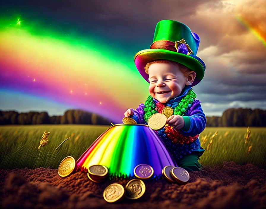 Baby in Leprechaun Hat with Rainbow, Aurora, Gold Coins, and Treasure Pot