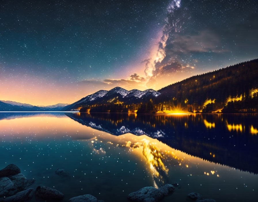 Starry Sky and Milky Way Reflected in Lake at Night