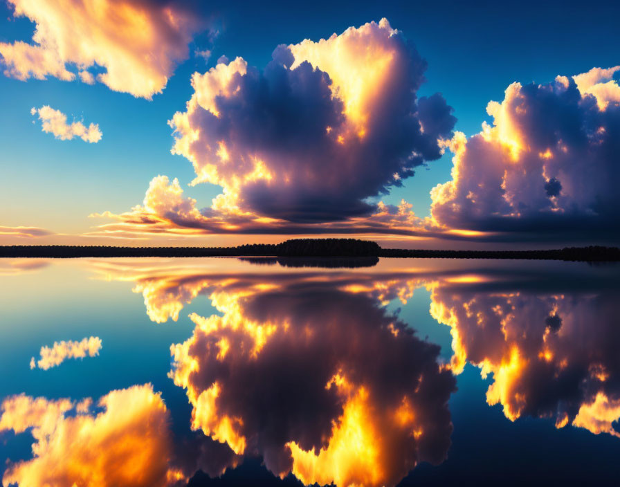 Vibrant sunset sky reflected on calm lake with forest silhouette