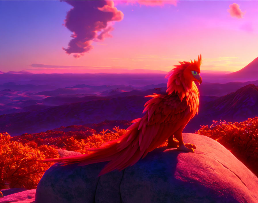 Vibrant red bird on rock with purple and orange sunset over mountains