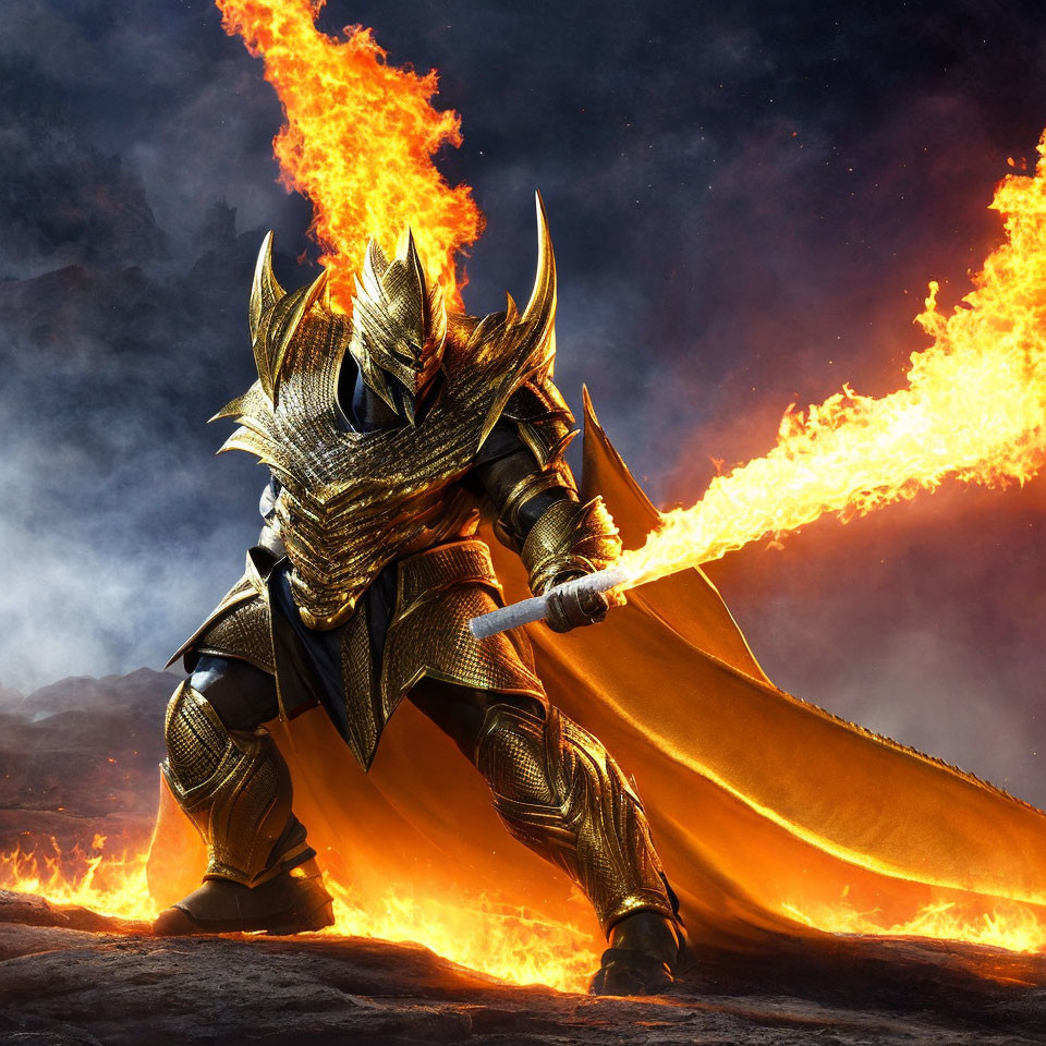 Armored knight with flaming sword in fiery landscape