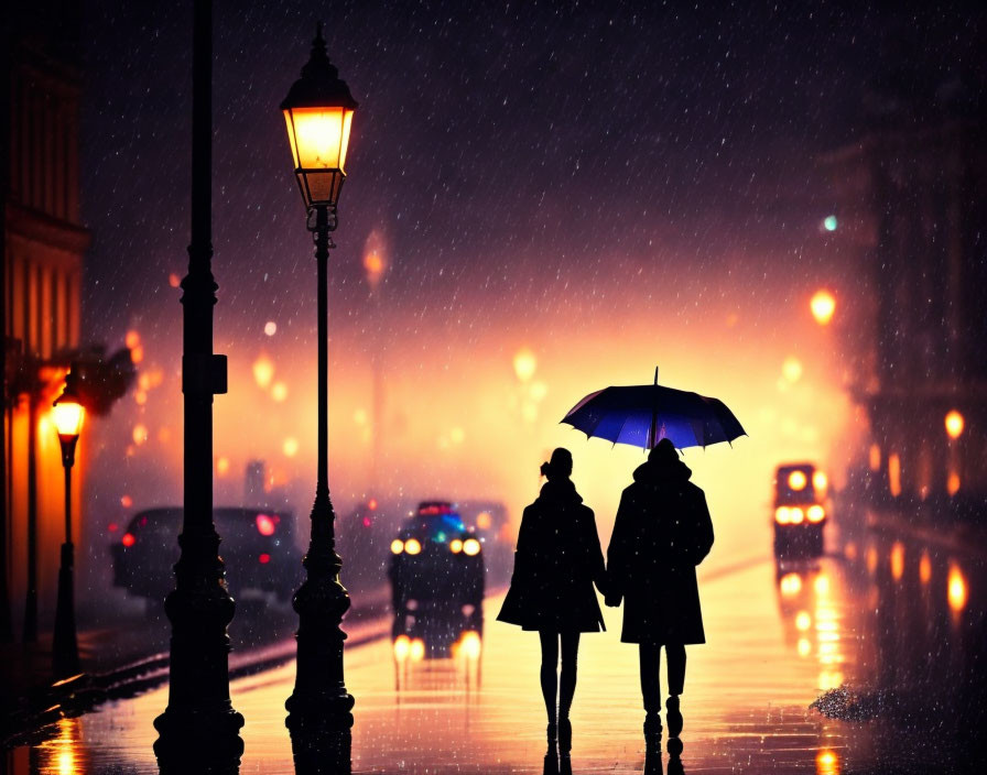 Silhouetted individuals under umbrella on rainy city street at dusk