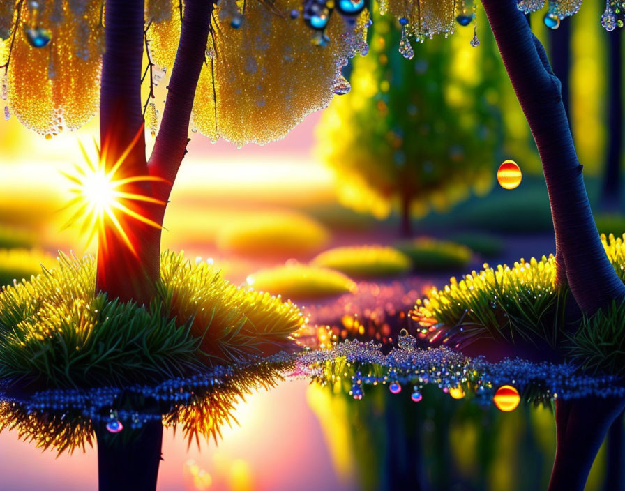 Fantasy landscape with dew-covered flora and colorful sunrise