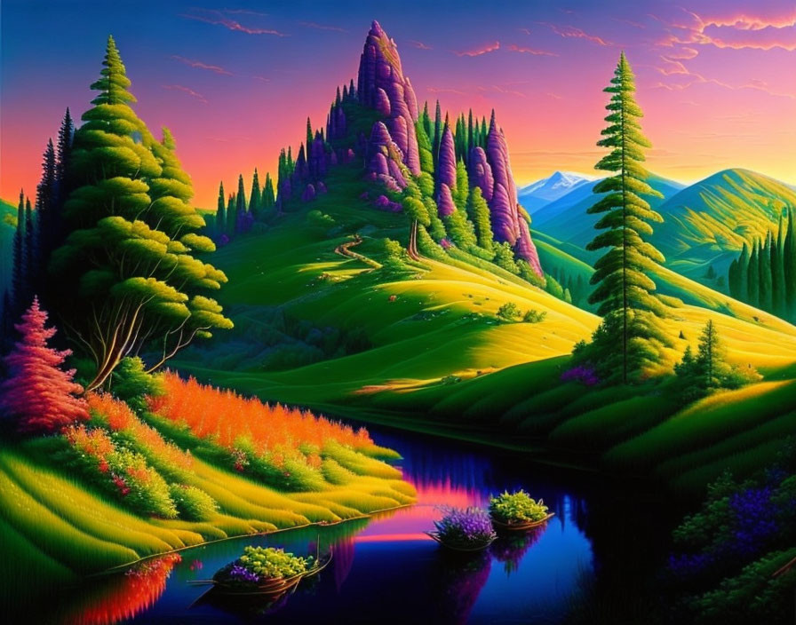 Colorful surreal landscape with purple mountains, green hills, and calm river at sunset