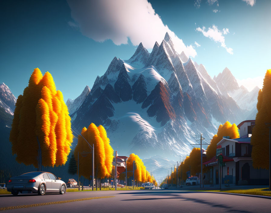 Tranquil Street with Golden Trees, Parked Car, Snow-Capped Mountains