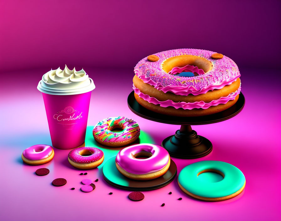 Vibrant donuts, pink cup, and cookie crumbs on gradient surface