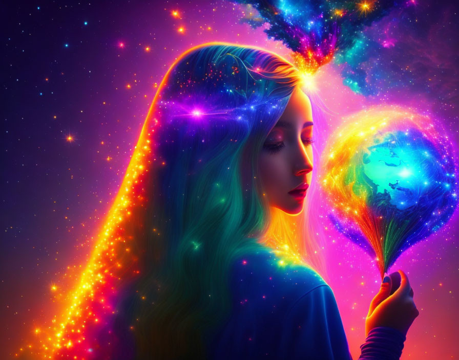 Luminous-haired woman holds glowing earth in cosmic background