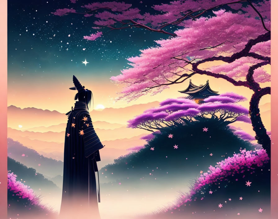 Cloaked figure under starry sky with cherry blossoms and pagoda landscape