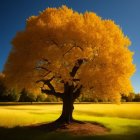 Colorful butterflies and golden leaves on vibrant tree in meadow