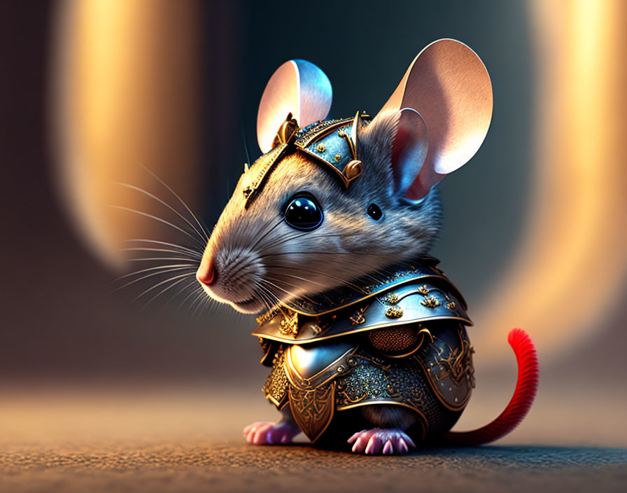 Armor-clad mouse with crown in heroic pose and glowing background