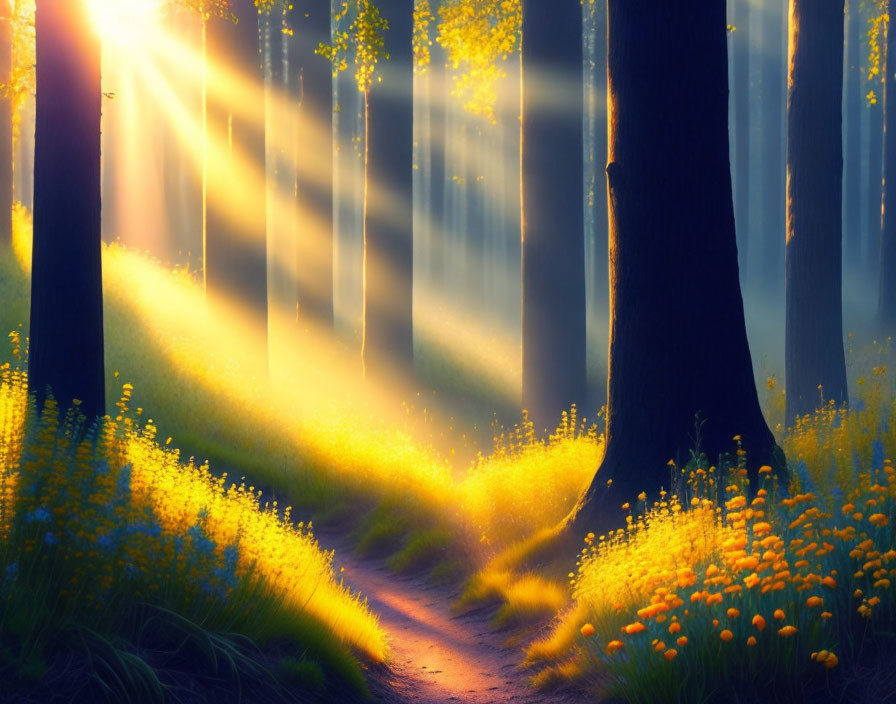 Sunlit Forest Path with Wildflowers and Tall Trees