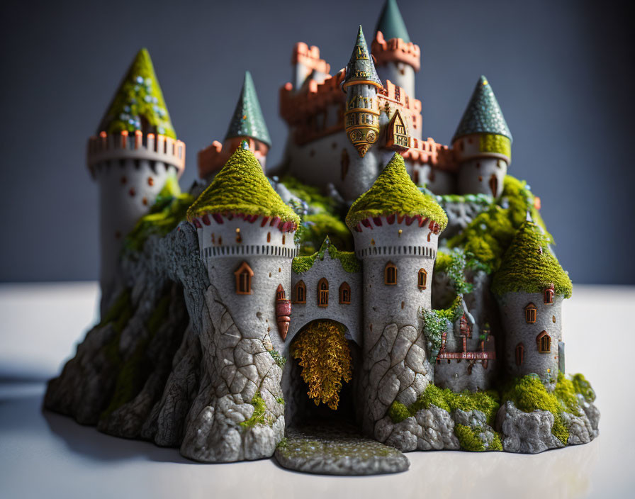 Detailed Miniature Fantasy Castle Among Mossy Rocks Displayed Against Soft-Focus Background