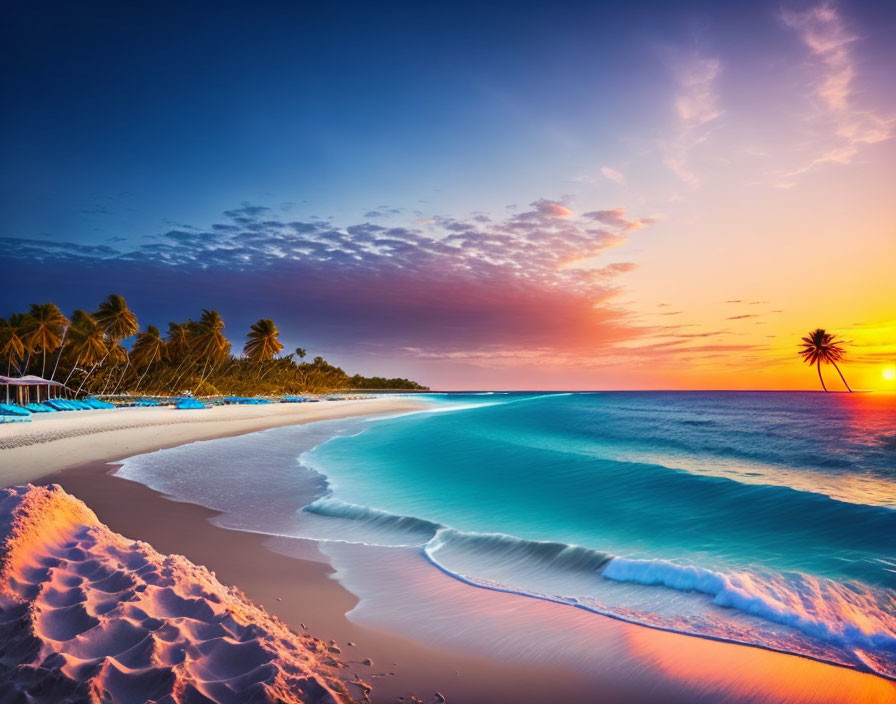 Vibrant Sunset Tropical Beach with Palm Trees and Turquoise Water