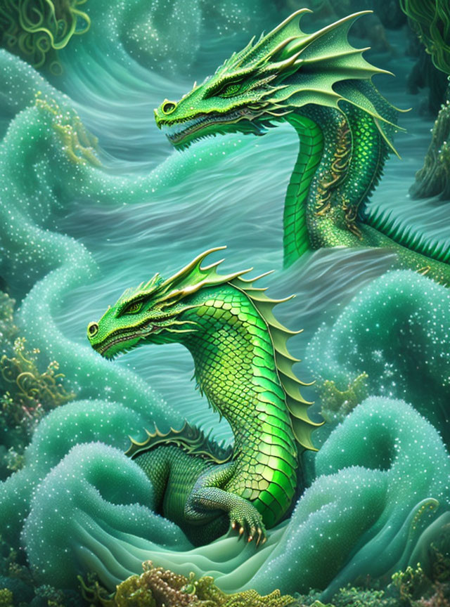 Majestic green dragons in mystical setting with swirling clouds