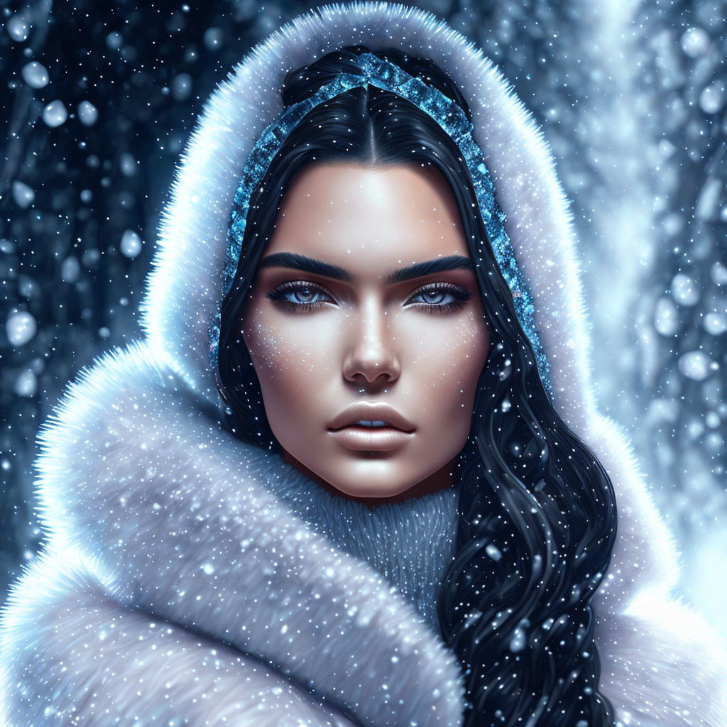 Portrait of woman with blue eyes, dark hair, blue crystals, white fur hood, snowy background