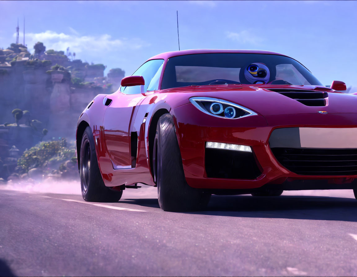 Red sports car with eyes racing on dusty road