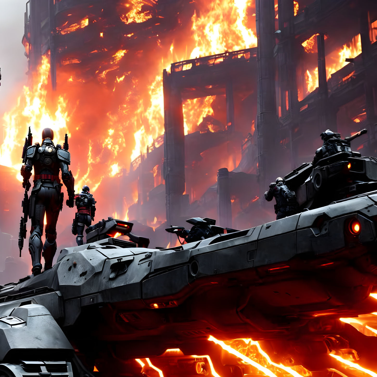 Futuristic soldiers on tank in urban dystopia with burning structure