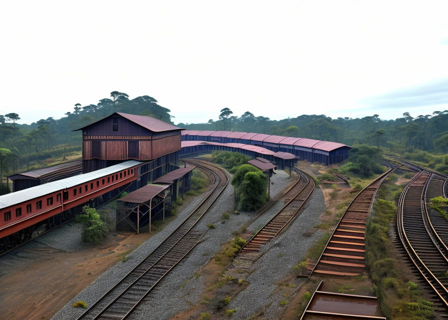 Maroon passenger train at railway station with wooden building and tracks in green landscape