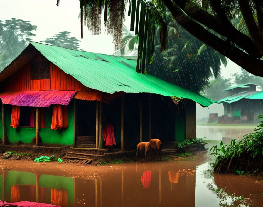 Scenic rural landscape with red and green hut, cow in rain, lush greenery