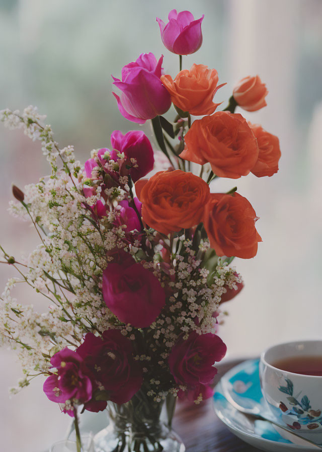 Colorful Pink and Orange Rose Bouquet with Baby's Breath in Glass Vase