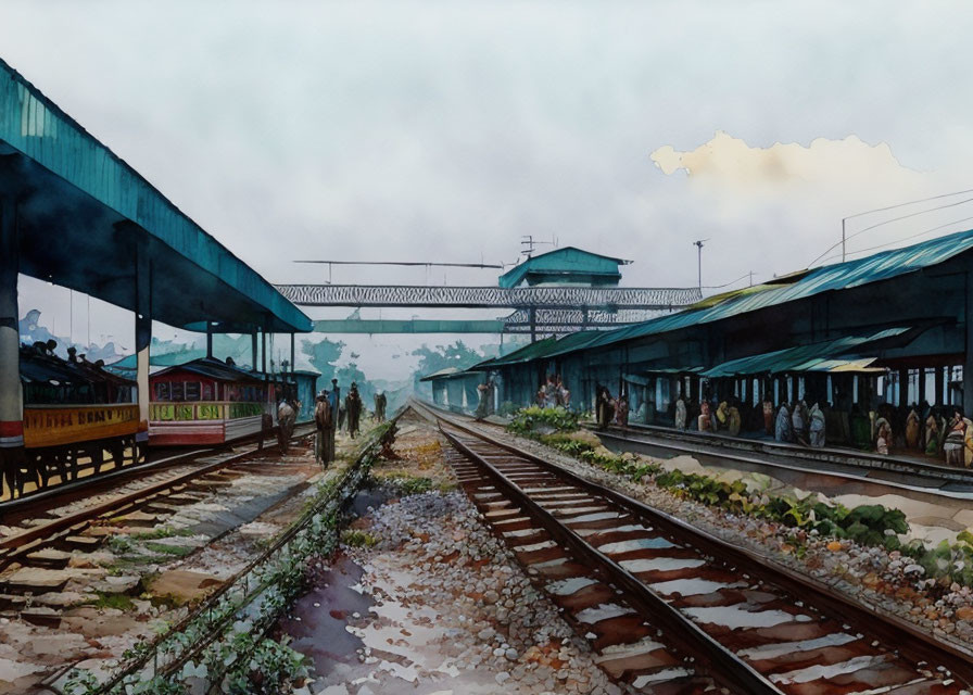 Detailed Watercolor Illustration of Bustling Railway Station and Overpass Bridge