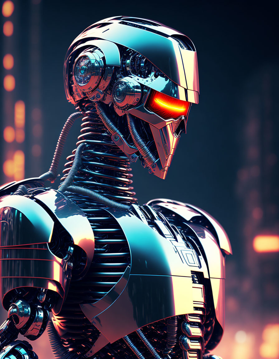 Reflective metallic robot with glowing orange eyes in neon-lit cityscape at dusk