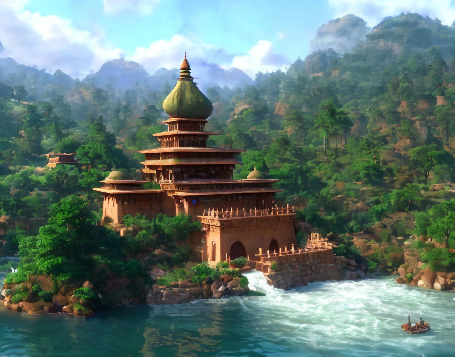 Digital artwork: Ancient-style palace on forested hillside overlooking river