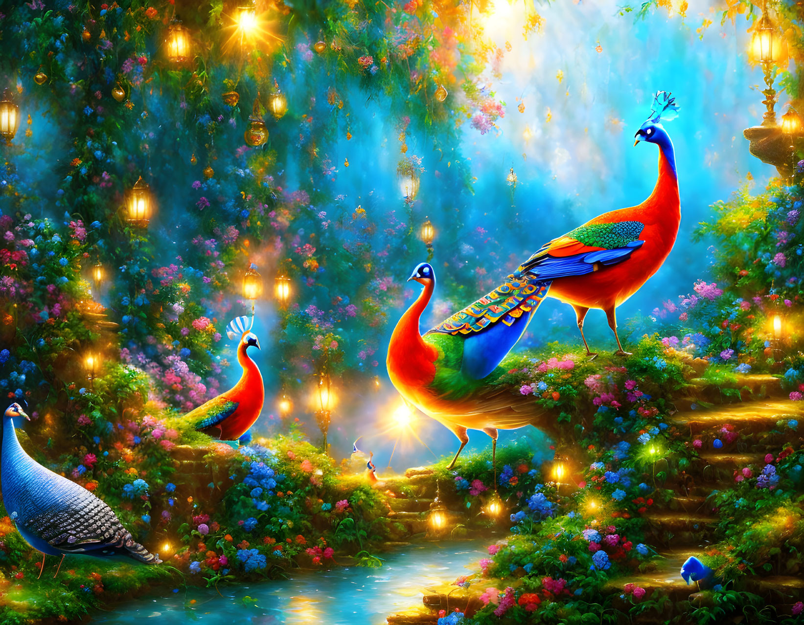 Colorful Peacocks in Enchanted Forest with Lanterns and Flowers