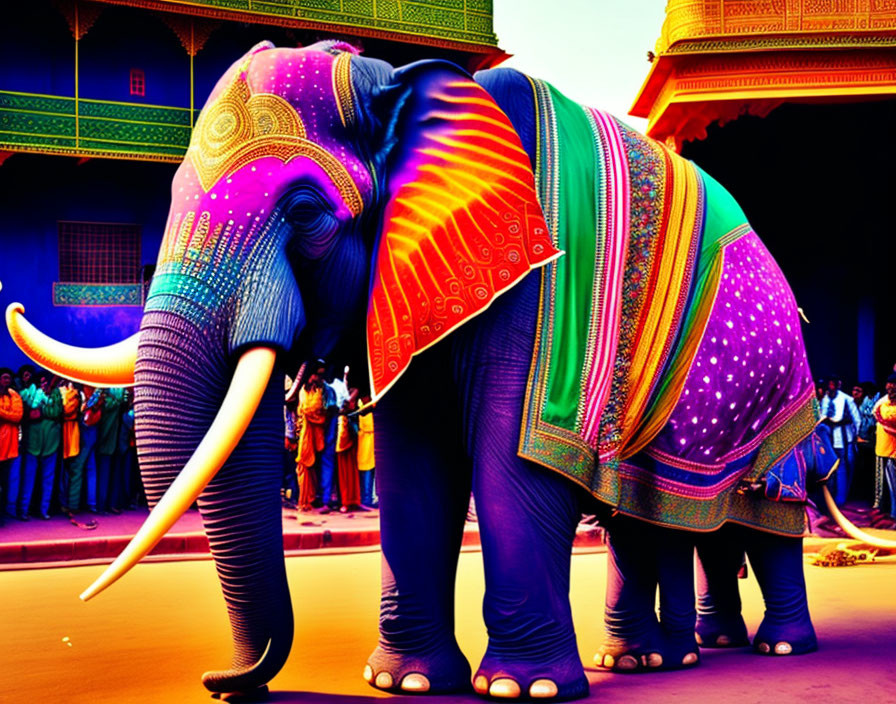 Colorful Decorated Elephant Stands Near Traditional Buildings