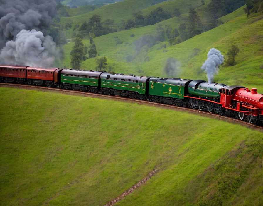 Vintage Steam Train Pulling Red Carriages Through Green Countryside