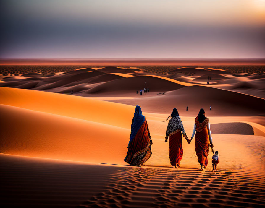 Group of people in traditional robes walking across sand dunes at sunset