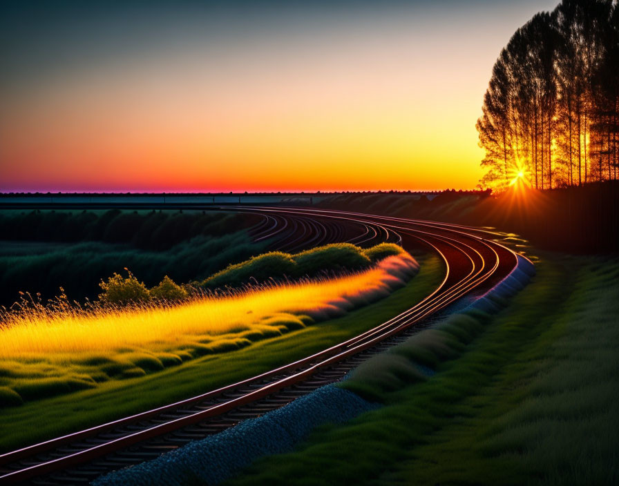 Vibrant sunset colors over curving railway tracks at sunset