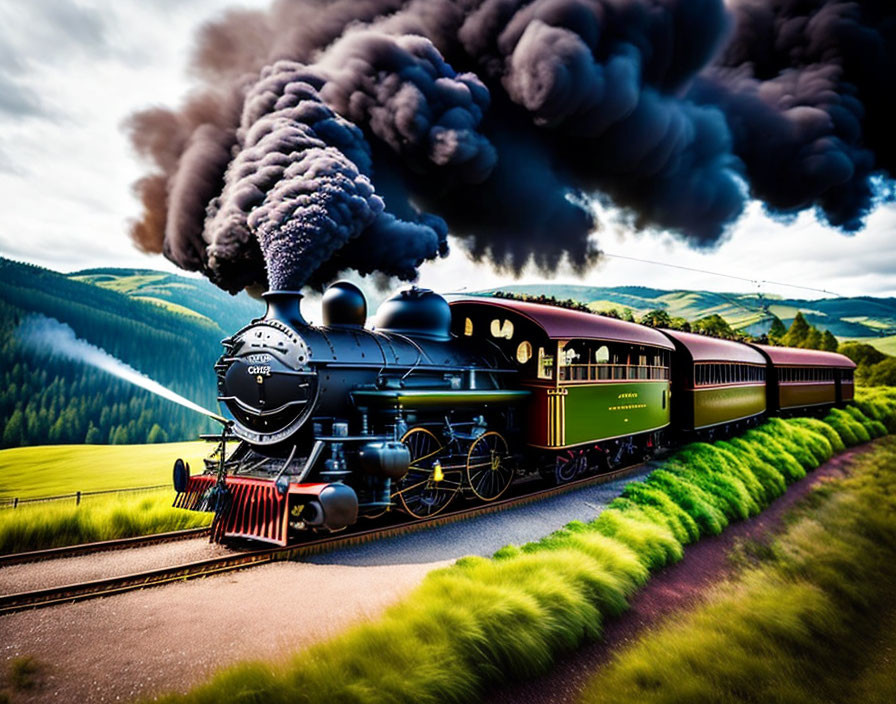 Vintage Steam Locomotive Traveling Through Picturesque Landscape