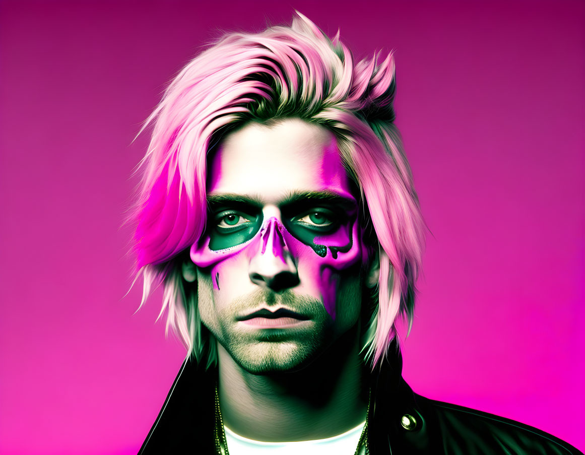 Blond-pink hair with colorful skull makeup on vibrant pink background