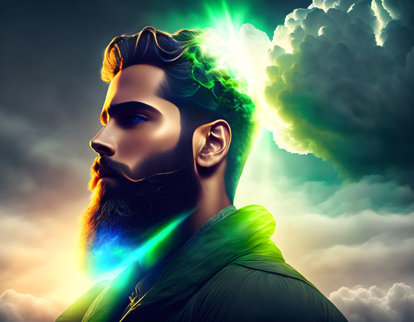 Stylized man with beard and mustache against dramatic clouds with neon lights