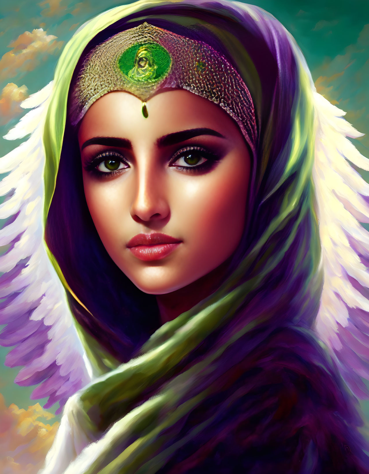 Digital artwork: Woman with green headscarf, peacock feather, and angelic wings on vibrant