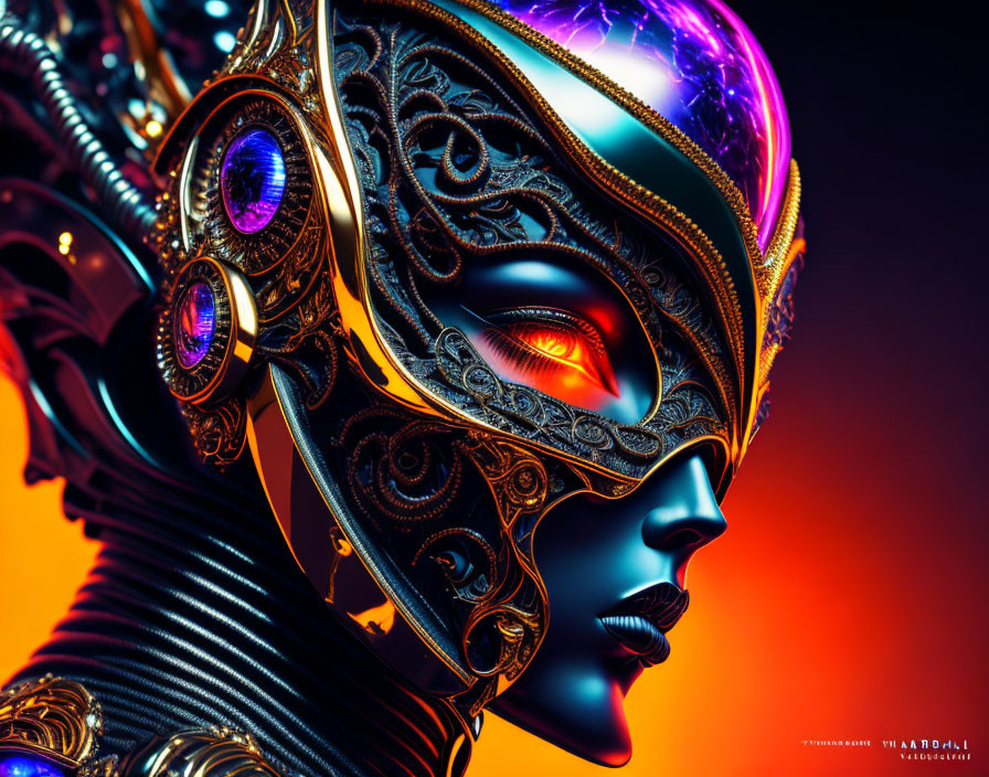 Detailed Close-Up of Futuristic Female Figure in Ornate Metallic Helmet