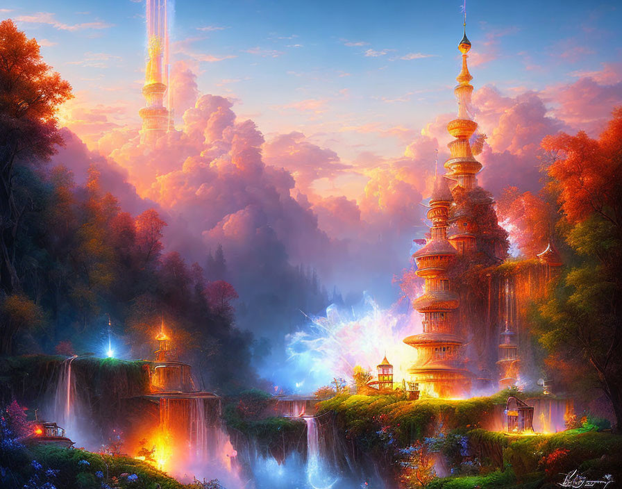 Ethereal pagoda by waterfalls in mystical landscape