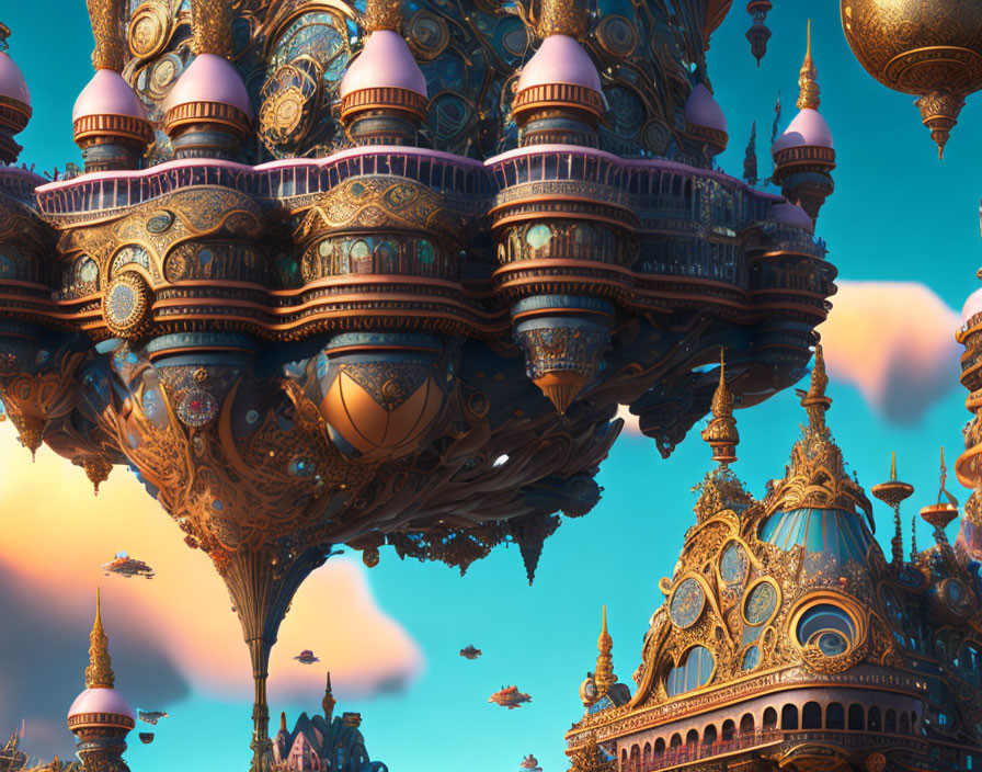 Fantastical floating city with bronze-gilded buildings and pink domes in a blue sky.