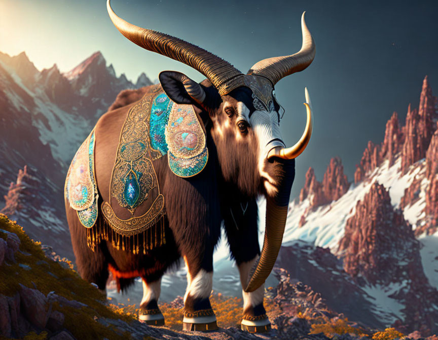 Ornately adorned yak with long curved horns in mountain setting