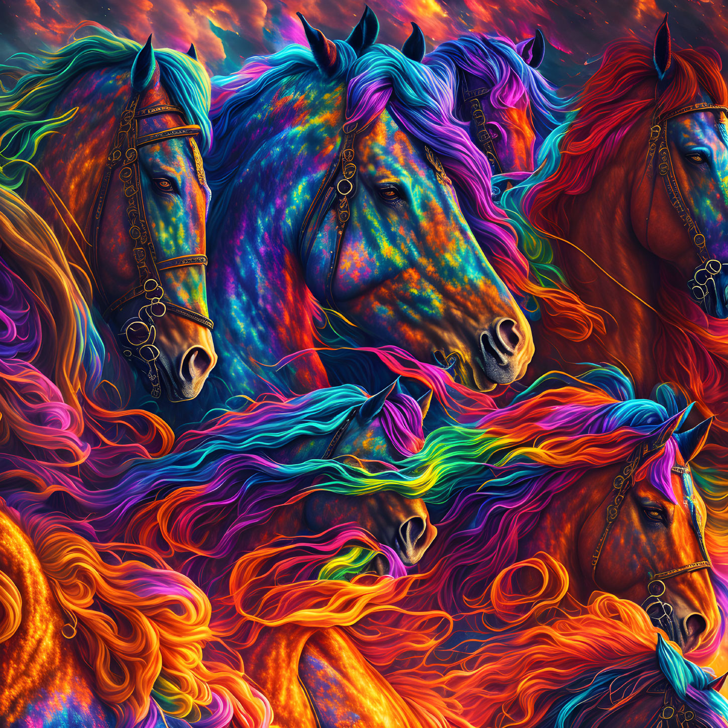 Colorful Horses with Flowing Manes on Fiery Background