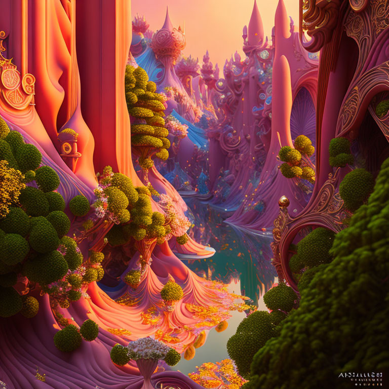 Fantastical landscape with pink and purple hues and organic structures