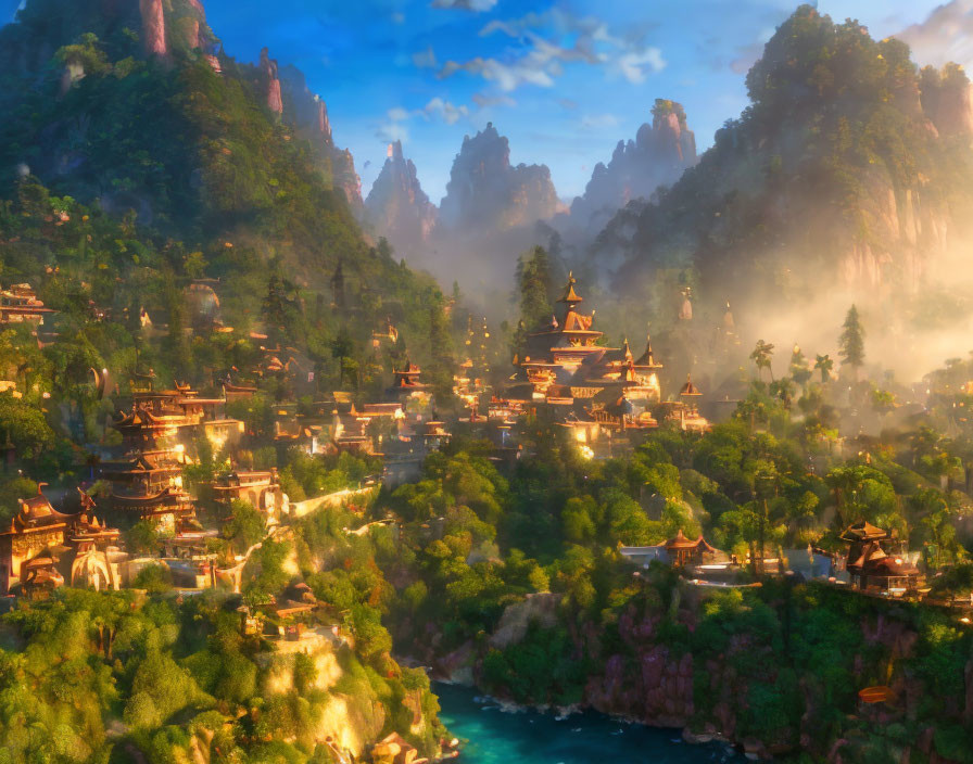 Sunlit valley with pagoda-style buildings amid lush greenery and rock formations in mist.