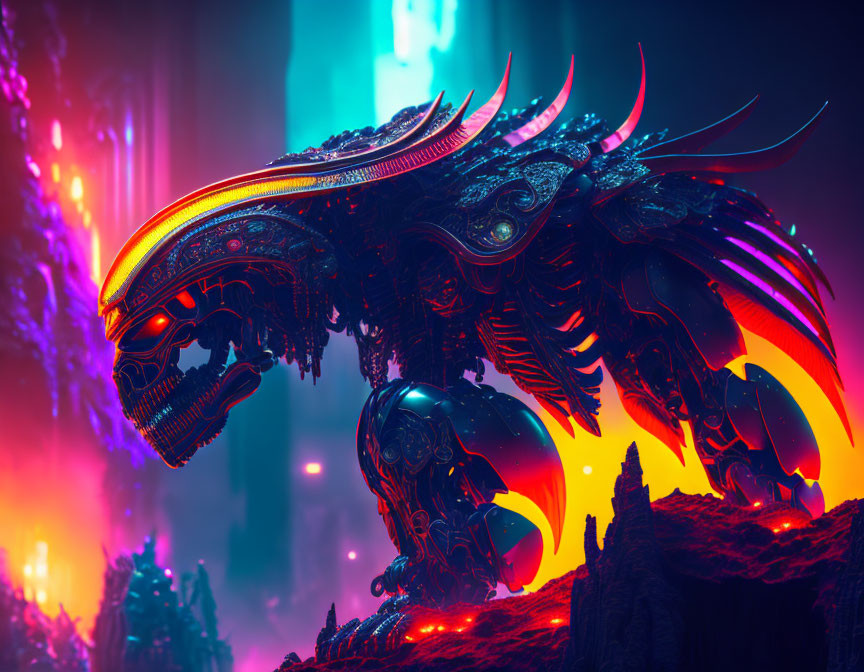 Vivid digital artwork: Glowing mechanical dragon in neon fantasy landscape