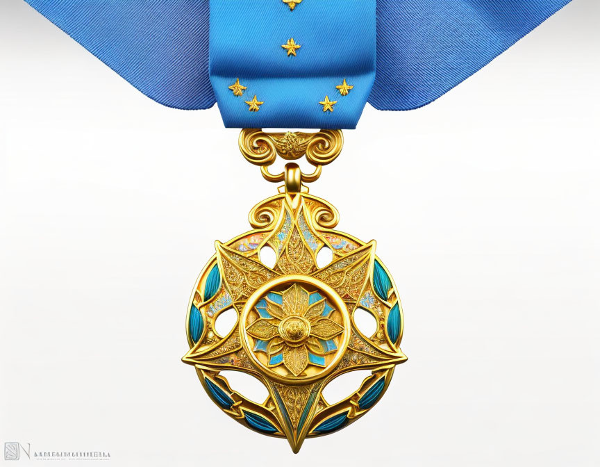 Blue Ribbon Medal with Gold Stars and Floral Motif