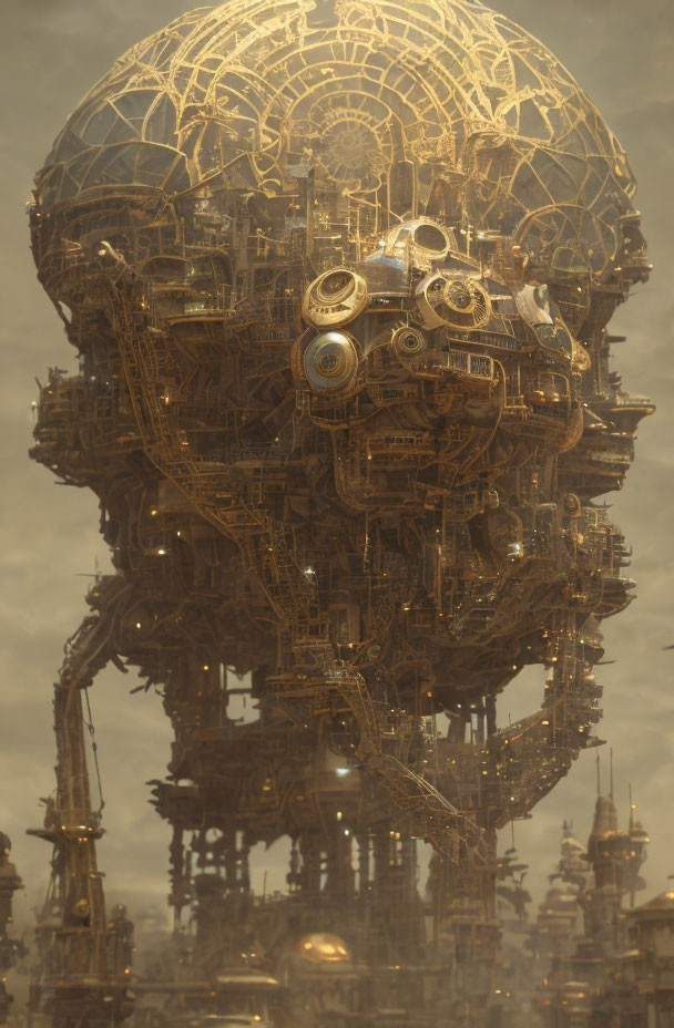 Intricate mechanical spherical structure above cityscape